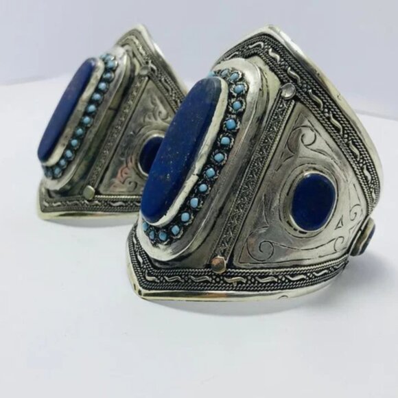 Single Vintage Afghan Cuff Bracelet: Lapis, Turquoise, Sterling Silver Tribal - Picture 7 of 12